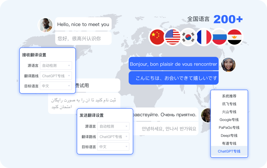 独角兽SCRM集成 Google、DeepL、ChatGPT等翻译引擎，支持聊天实时翻译